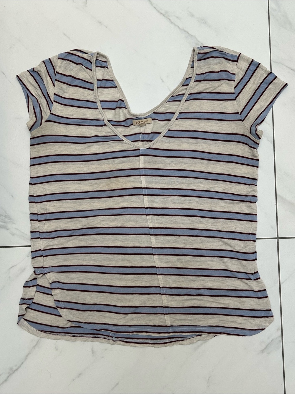 Bordeaux deep V Striped Tee - Blue Cream & Bordeaux - Small
